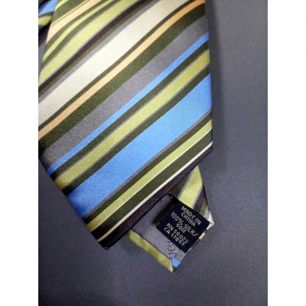Banana Republic 100% Silk Striped Necktie Green Blue Olive Gray‎ Cream Mens Tie